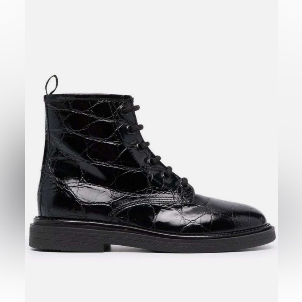 AGL MOREEN LACE-UP COMBAT BOOT PLATFORM TEXTURED LEATHER BLACK